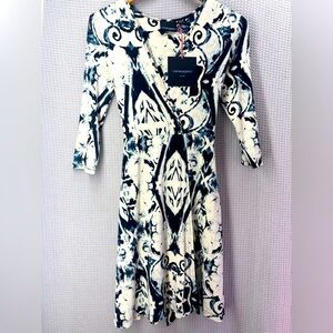 NWT Cynthia Rowley Black/Blue/White Stretchy Wrap Midi Dress Women Small Boho